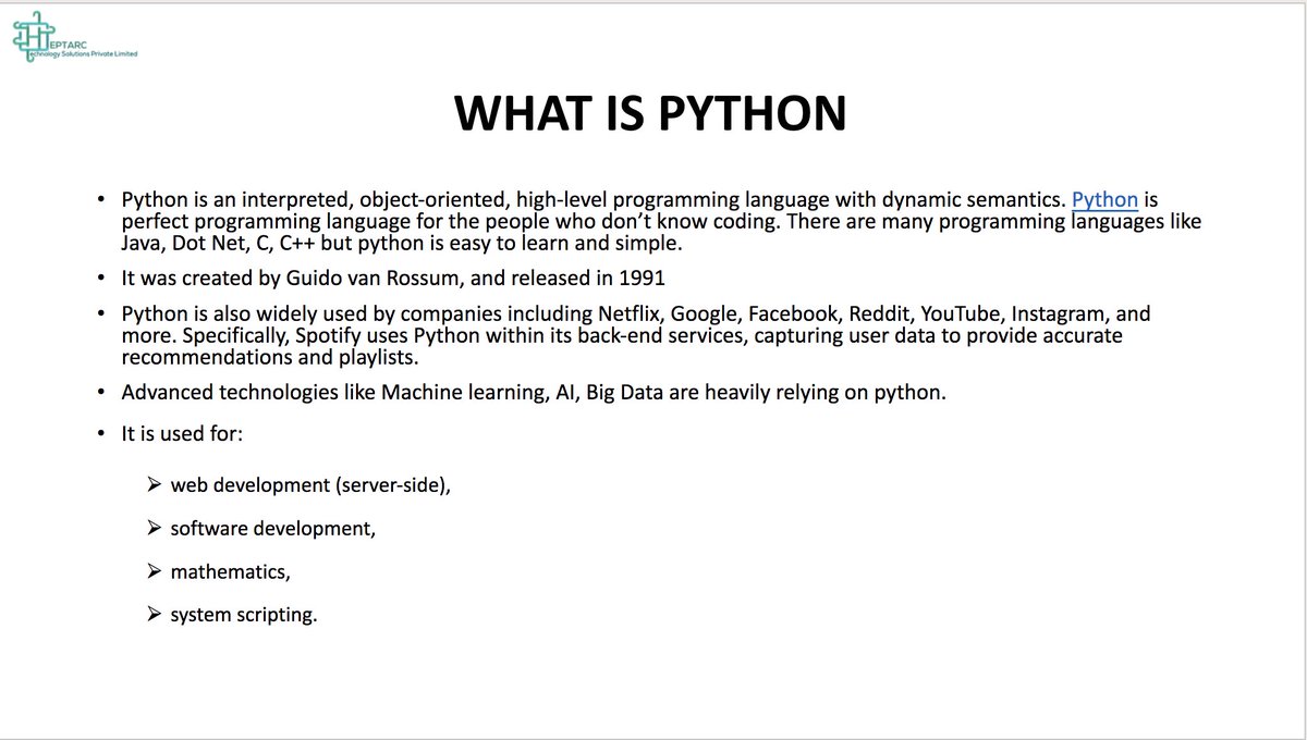 HeptarcL's tweet photo. #Python #programming #language #coding #webdeveloper #heptarc
Want to know about Python?
Python is an interpreted, object-oriented, high-level programming language with dynamic semantics. Python is perfect programming language for the people who don’t know coding. https://t.co/w5LzvHSZLq
