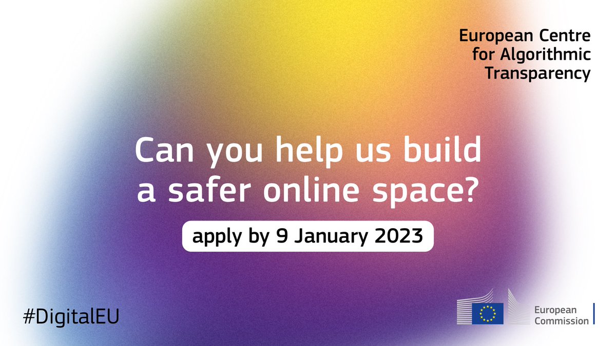 📢The European Centre for Algorithmic Transparency needs you!

👩💻Are you an expert in #DataScience and #Algorithms?

🎓Want to be part of it?

Check vacancies at <a href="/EU_ScienceHub/">EU_ScienceHub</a>  in Seville🇪🇸, Ispra🇮🇹 &amp; Brussels🇧🇪
👉 europa.eu/!nRnq8q