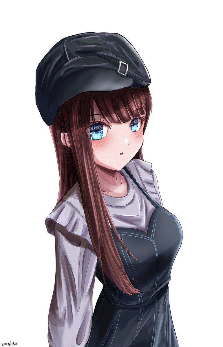 1girl solo blue eyes brown hair long hair hat white background  illustration images