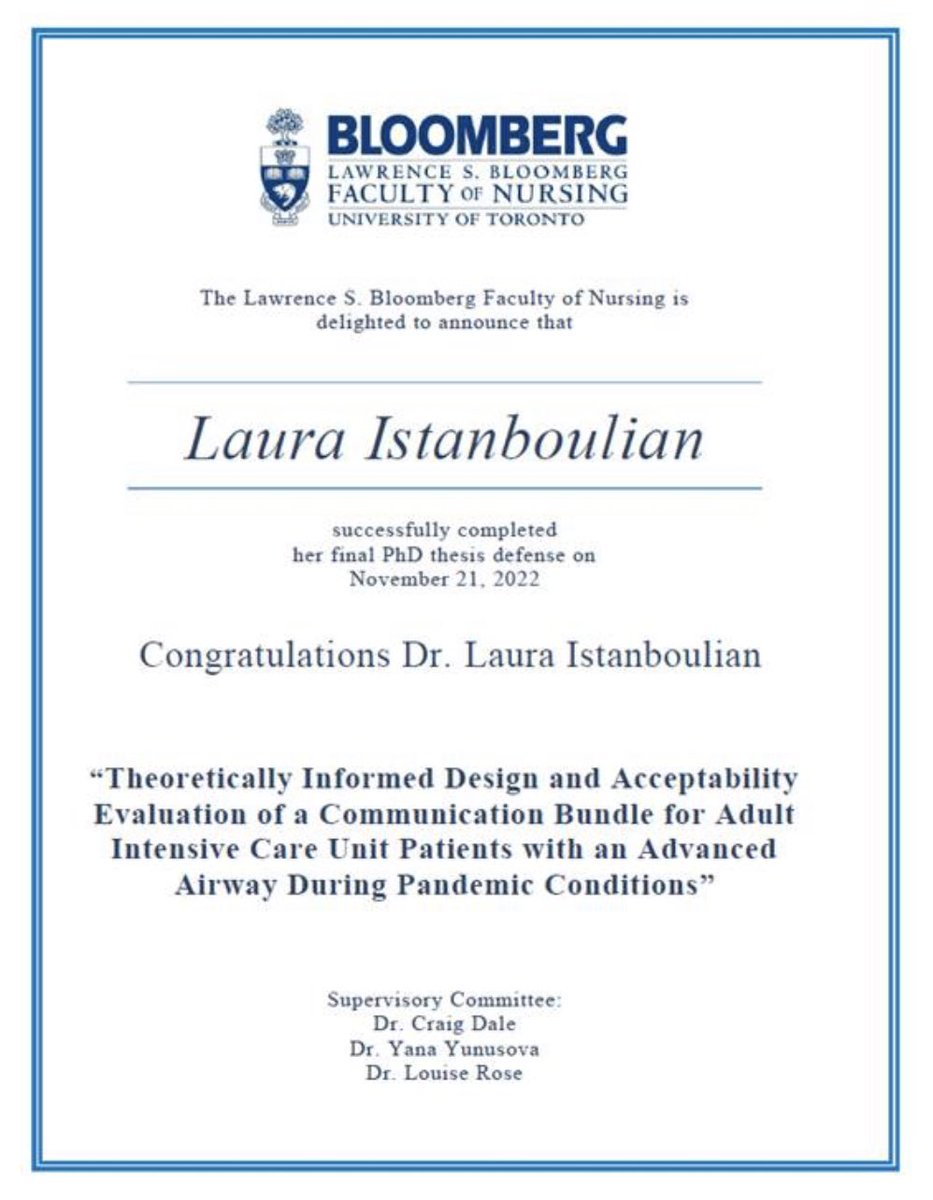 Congratulations to @laura_lista for successfully defending her PhD thesis. Brilliant work! We are so proud of your accomplishment. Can’t wait to see what’s next in your research program. @ProfLouiseR #YanaYunusova @UofTNursing @MGHToronto