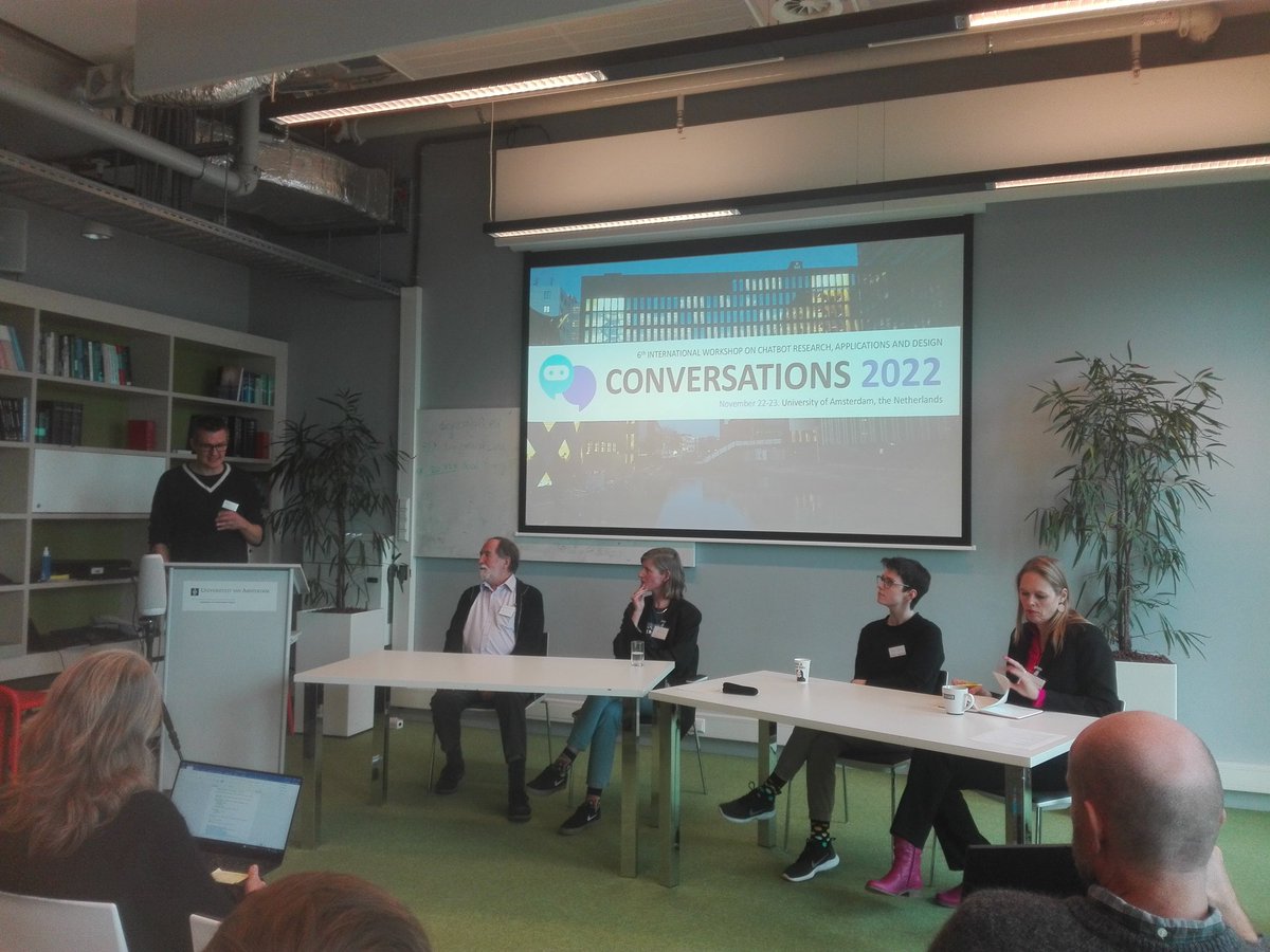 christineliebr's tweet photo. After a very interesting morning with presentations, we start the afternoon with a panel discussion on #chatbot evaluations, with @MichaelMcTear (Ulster Uni), Nena van As (https://t.co/j1XlzdQGRg), @margotvdgoot (Uni Amsterdam), @ElayneRuane (UCD), moderated by @asbjrn (SINTEF) https://t.co/I2n7sU0zQV