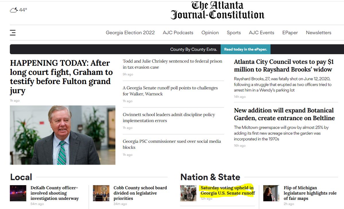 ericclang's tweet photo. Count the number of headlines less important than the highlighted one this morning in Georgia, in Georgia's largest newspaper.  #earlyvoting #WarnockForGeorgia #atlantajournalconstitution #voting #GeorgiaRunoff https://t.co/YbhZ7m1MLi