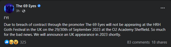 thegothcalendar's tweet photo. It looks like @69eyesofficial have pulled out of HRH Goth next September and will play somewhere else in the UK.

https://t.co/aadeC1DDWn https://t.co/tGHrgNgMwG