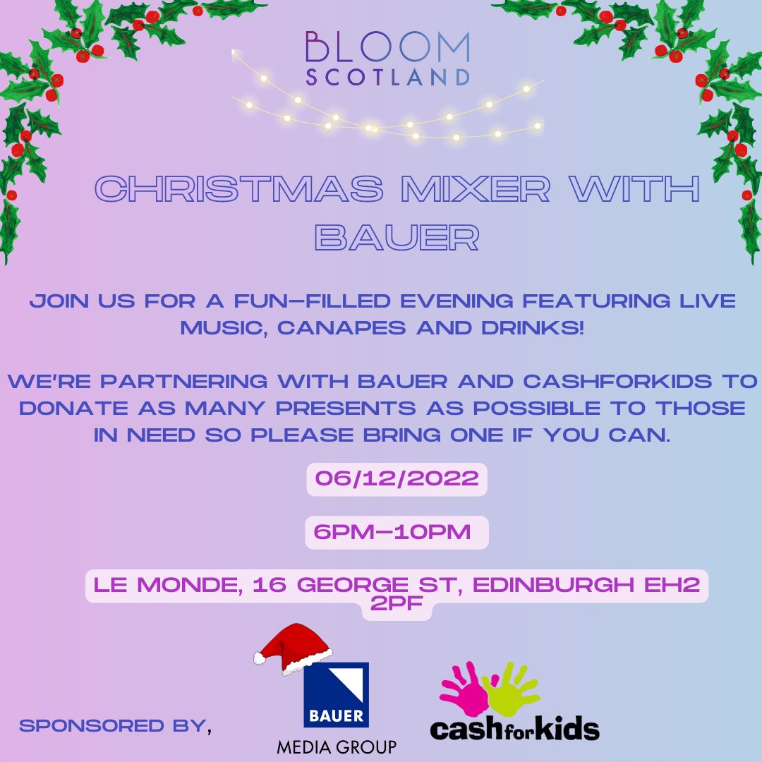 BloomScotland's tweet image. Join us at Le Monde on Tuesday 6th December for a fun-filled evening featuring live music, a DJ, canapes and drinks! Doors open at 18:00 and the event starts at 18:30.  Tickets available here: buff.ly/3ElKIik