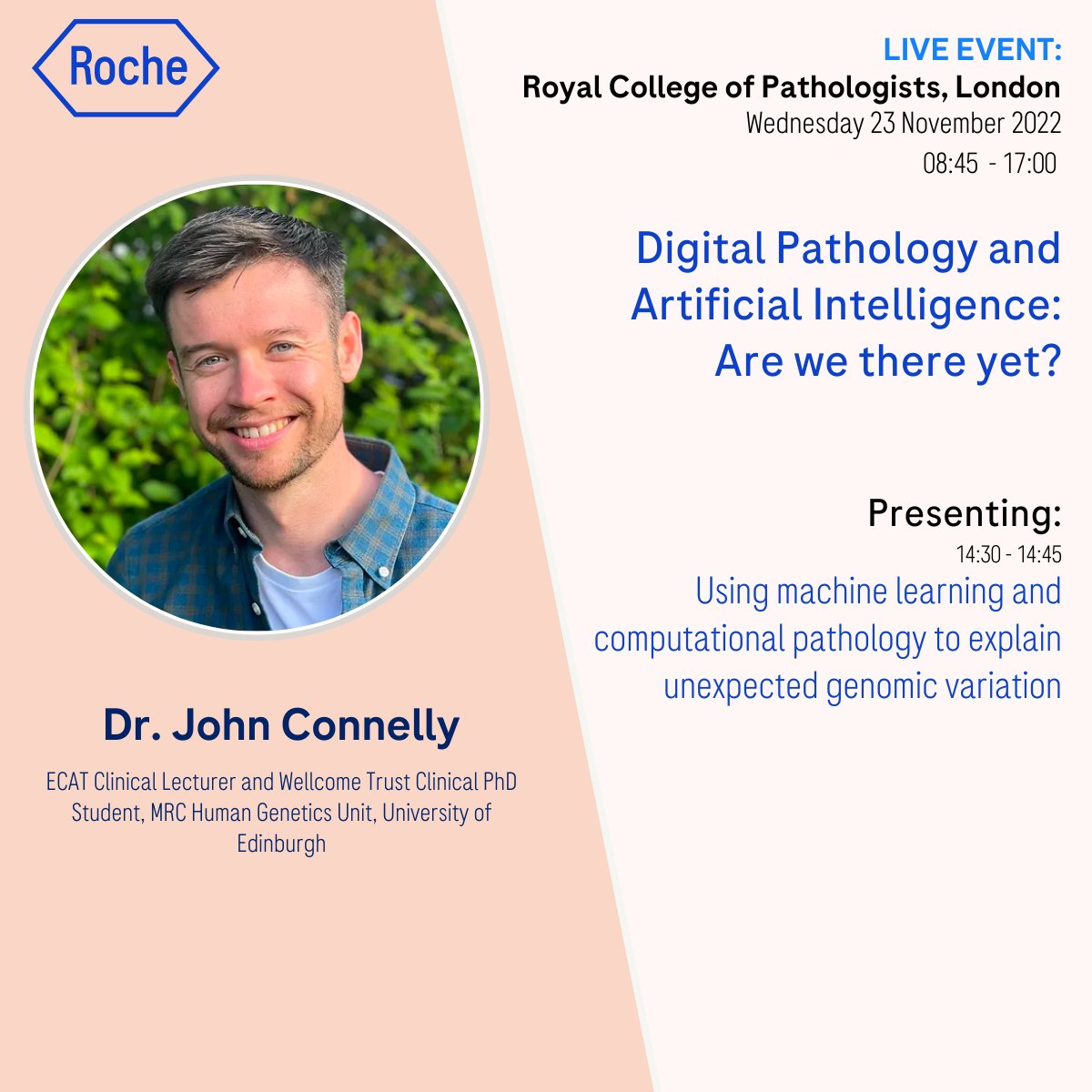 Tomorrow, John Connelly will be sharing his exciting new #pathomics findings: 'Using #MachineLearning and #ComputationalPathology to explain unexpected genomic variation' Still time to register for this hybrid event @RCPath: web.cvent.com/event/5a353be6…