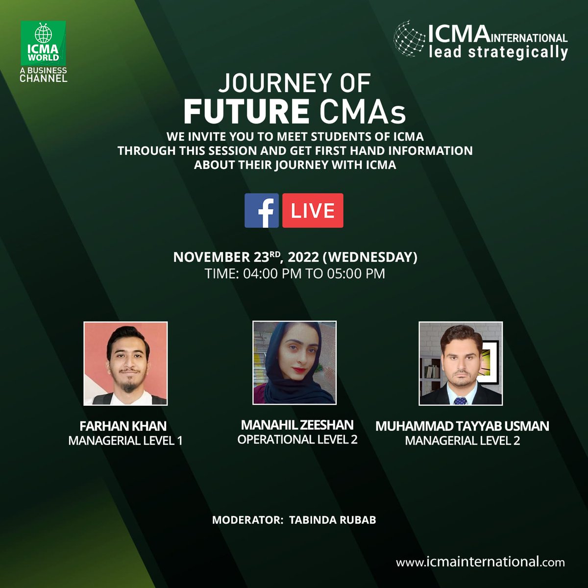 icmapdotpk's tweet photo. Join Facebook Live Session on "Journey Of Future CMAs" on November 23rd , 2022 (Wednesday) from 04 PM โ 05 PM on Facebook Live view: https://t.co/710Oc30Yiz
#Facebooklive #FutureCMAs https://t.co/hADSLwMblI
