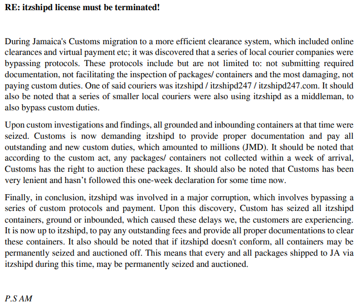 AnonyMoqust's tweet photo. Since itzshipd/ itzshipd247/ https://t.co/dKj3YUiw74 and Jamaica's Custom won't make an official statement, based on information gathered from the Port Authority, Custom Brokers and Freight Forwarders Association of Jamaica and Jamaica's Customs, the following was deduced. https://t.co/jR4e1nEX6h