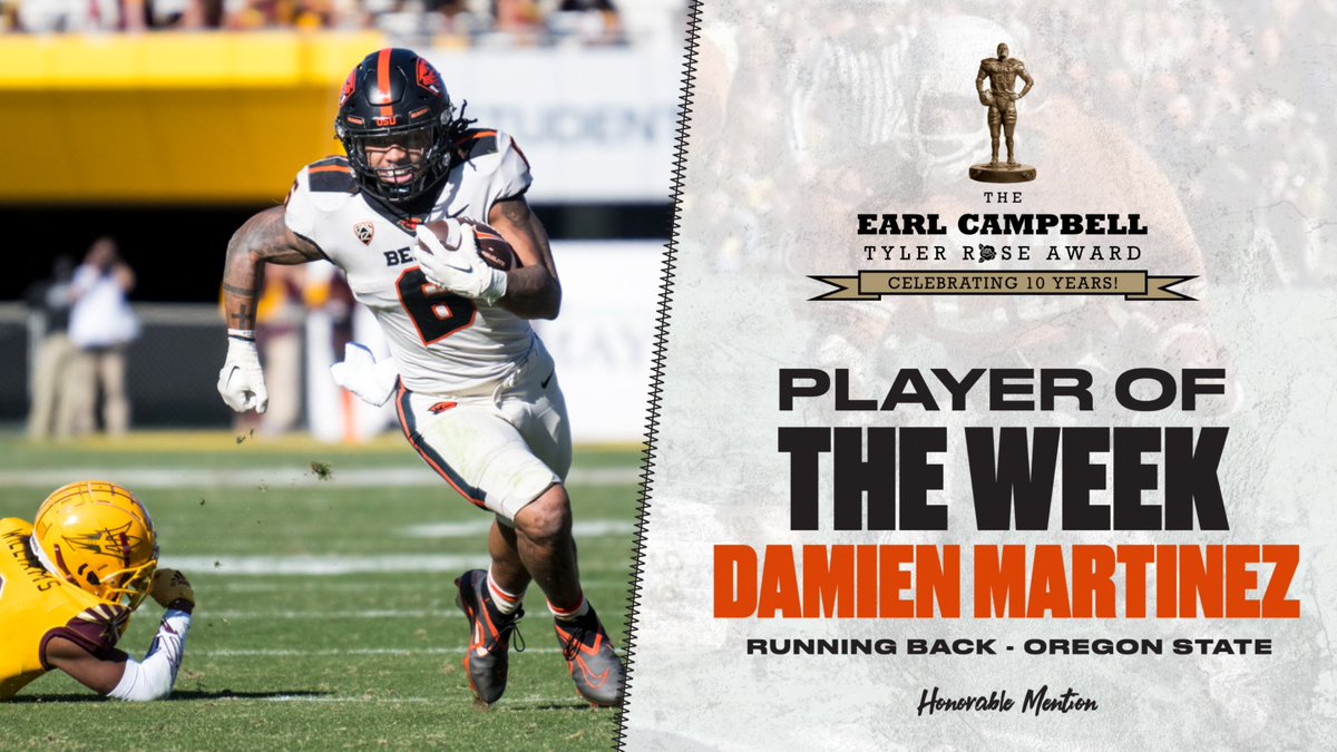 Earl Campbell Award (@campbellaward) on Twitter photo Week 12 Honorable Mention: <a href="/BeaverFootball/">Oregon State Football</a> RB Damien Martinez (Lewisville HS, TX) #GoBeavs Week 12 Honorable Mention: <a href="/BeaverFootball/">Oregon State Football</a> RB Damien Martinez (Lewisville HS, TX) #GoBeavs
