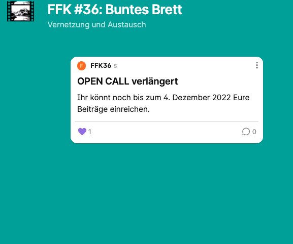 Wir haben den Open Call verlängert &amp; freuen uns über weitere Einreichungen bis zum 4. Dezember 2022 

Falls Ihr noch auf der Suche nach Mitveranstalter*innen seid, könnt Ihr das "Bunte Brett" nutzen, um miteinander in Kontakt zu treten: padlet.com/ffk36salzburg/…