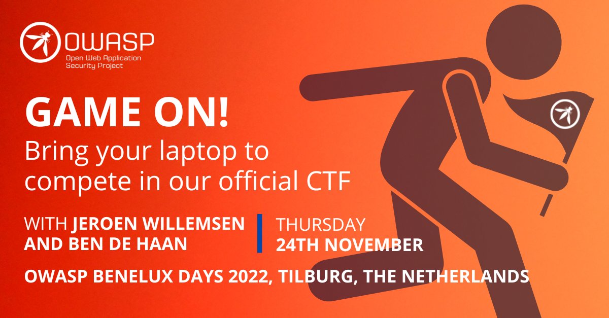 Taking part in the #OWASP BeNeLux CTF this Thursday? Don't forget your laptop! Find out what you need to get involved, right here: owaspbenelux.eu/program/ctf

#cybersecurity #infosec #appsec