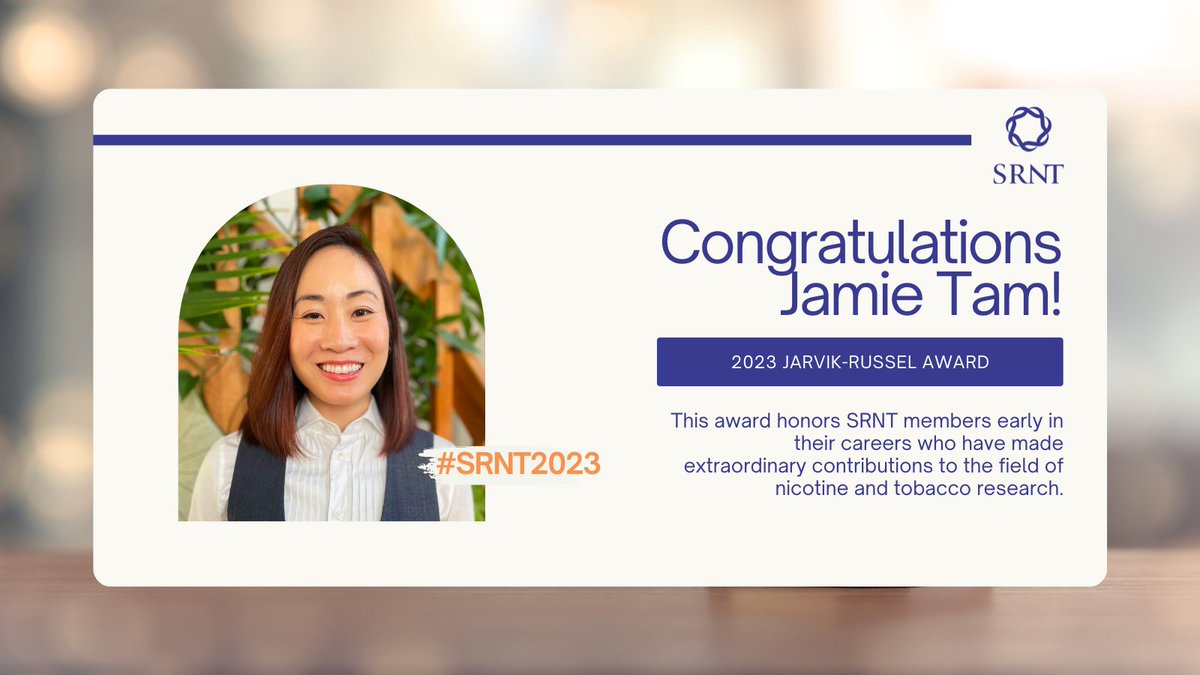 SRNT (@srntorg) on Twitter photo Congratulations to our 2023 Jarvik-Russel Award winner, Jamie Tam on their extraordinary contribution to the field of nicotine and tobacco research! #SRNT2023 Congratulations to our 2023 Jarvik-Russel Award winner, Jamie Tam on their extraordinary contribution to the field of nicotine and tobacco research! #SRNT2023