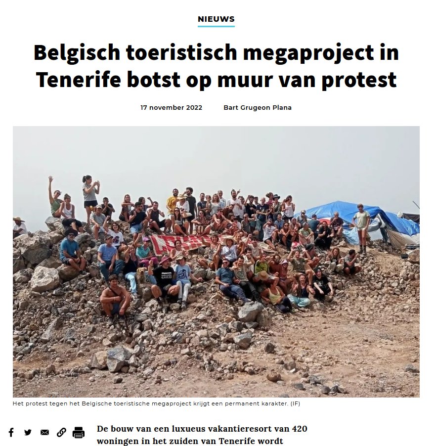 El medio de noticias belga Apache.be se hace eco de la paralización cautelar del macroproyecto turístico Cuna del Alma, en el Puertito de Adeje.
“El megaproyecto turístico belga en Tenerife se topa con un muro de protestas".
#salvarelpuertito #elpuertitonosetoca