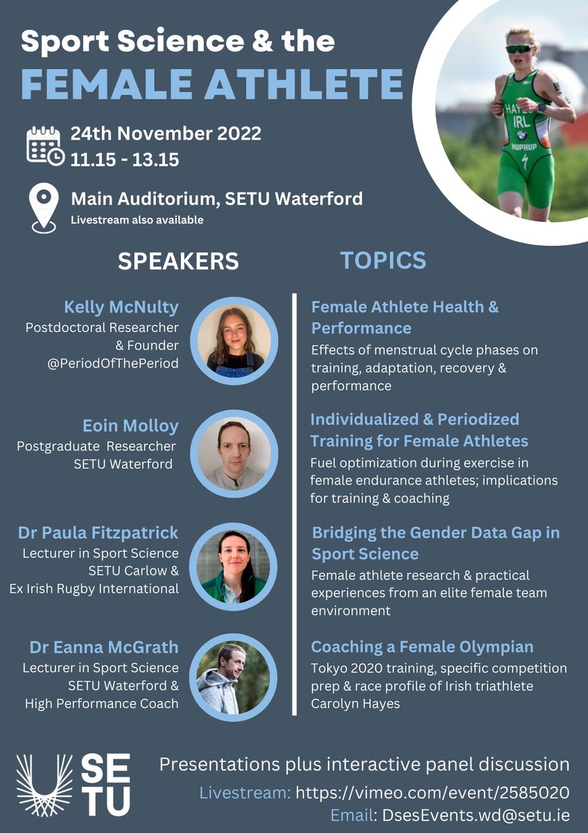 SETU healthCORE (@healthcore_setu) on Twitter photo 📣Sport Science and the Female Athlete Seminar
11.15am Thursday 24th Nov SETU Waterford Campus. Available to attend online and in-person🏃♀️
<a href="/SETUIreland/">South East Technological University</a> <a href="/SETU_CWScience/">SETUCarlowScienceandhealth</a> <a href="/EDI_SETU/">EDI SETU</a> 📣Sport Science and the Female Athlete Seminar
11.15am Thursday 24th Nov SETU Waterford Campus. Available to attend online and in-person🏃♀️
<a href="/SETUIreland/">South East Technological University</a> <a href="/SETU_CWScience/">SETUCarlowScienceandhealth</a> <a href="/EDI_SETU/">EDI SETU</a>