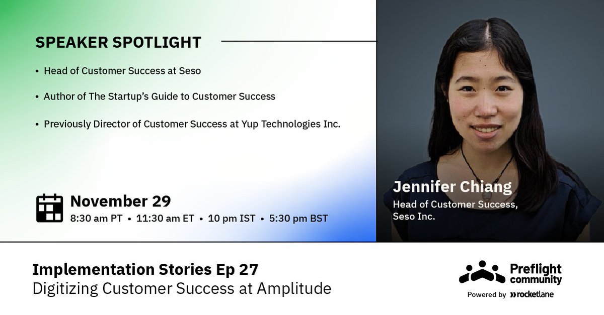 RocketlaneHQ's tweet image. We&apos;re shining the spotlight on Jennifer Chiang, Head of Customer Success at @sesolabor, and author of The Startup’s Guide to Customer Success, for Episode #27 of #ImplementationStories!

Save your spot: bit.ly/3WOHCvP

#CustomerOnboarding #CustomerSuccess