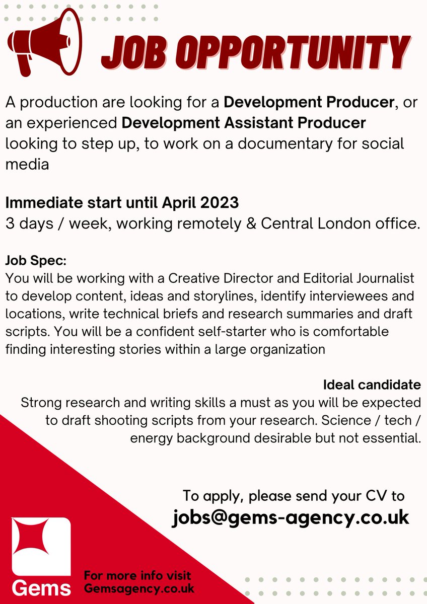 GemsAgency's tweet image. Development Producer needed.
Send your CV to jobs@gems-agency.co.uk
#jobsatgems #DevelopmentProducer #productionjobs #gemsagency