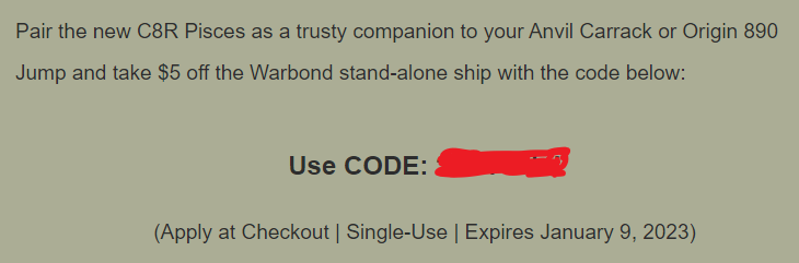 avengerUNKNOWN1's tweet photo. WHOEVER OBTAINS A C8R PISCES WITH WARBOND CHECK YOUR EMAIL BEFORE YOU DO!

There's a coupon to take 5 dollars off a Warbond C8R.

#StarCitizen https://t.co/PJt1ndzGvW