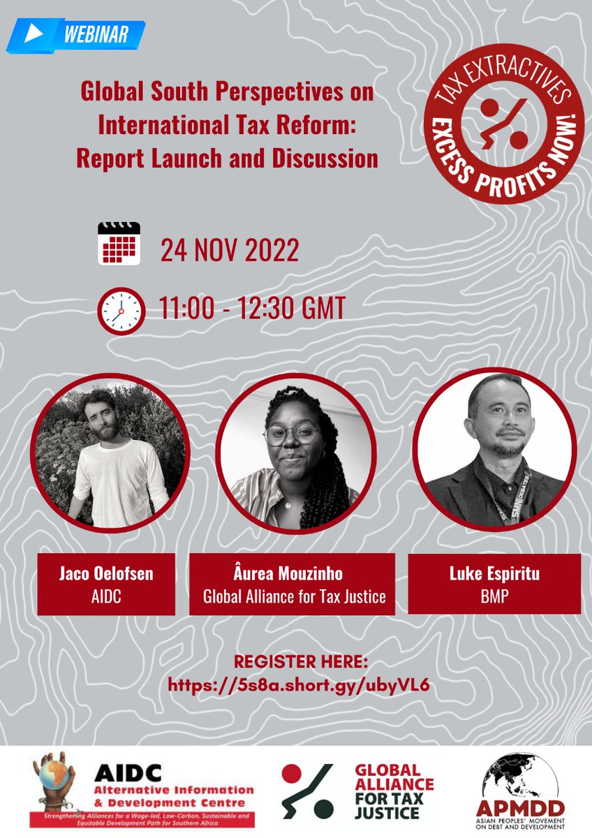 Join us on Thursday, as we launch the 𝙂𝙡𝙤𝙗𝙖𝙡 𝙎𝙤𝙪𝙩𝙝 𝙋𝙚𝙧𝙨𝙥𝙚𝙘𝙩𝙞𝙫𝙚𝙨 𝙤𝙣 𝙄𝙣𝙩𝙚𝙧𝙣𝙖𝙩𝙞𝙤𝙣𝙖𝙡 𝙏𝙖𝙭 𝙍𝙚𝙛𝙤𝙧𝙢 report as part of the Global Days of Action for Tax Justice in the Extractive Industry. #TaxExtractivesNow!
✍️🏾here: 5s8a.short.gy/ubyVL6