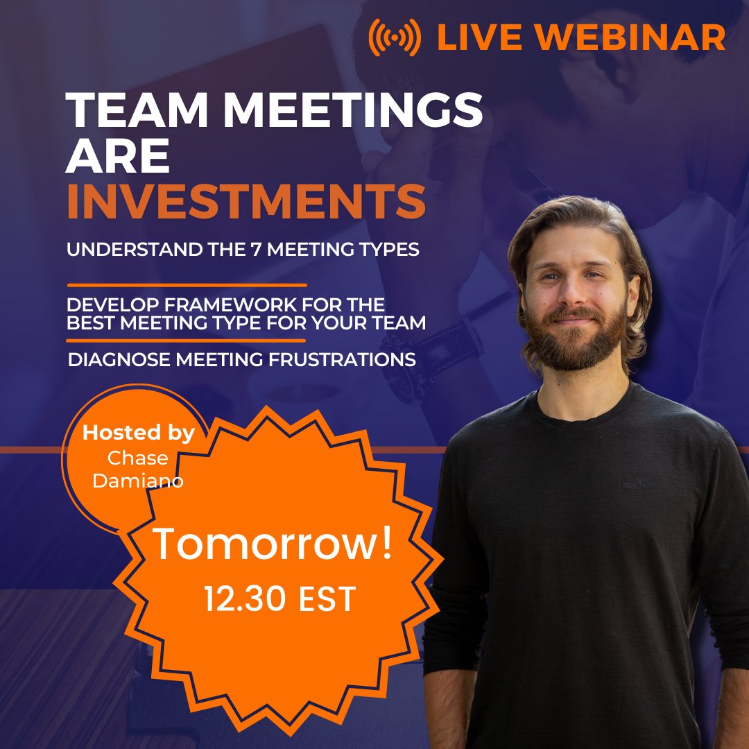 Join <a href="/chasedamiano/">Chase Damiano</a>'s workshop tomorrow! 
 
Want to improve your team meetings? This workshop goes through strategies and foundations to create highly impactful team #meetings for any business. 

Register Now: velocitygrowth.com/team-meetings-…

Starts on the 23rd of November at 12:30