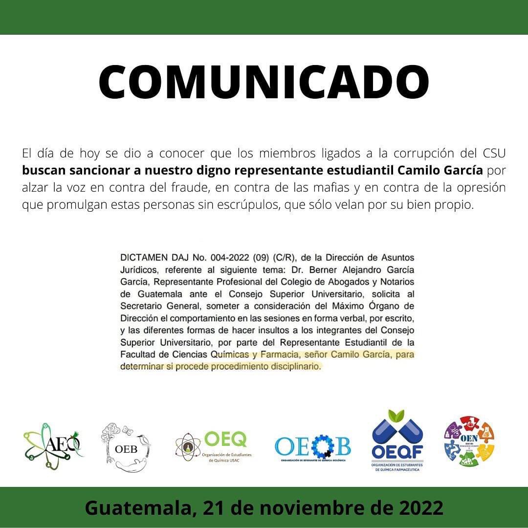 ⚠️ Walter Mazariegos es un usurpador ⚠️

Represiones al representante ante CSU, Camilo García de la Asociación de Estudiantes Ciencias Químicas y Farmacia (AEQ) por llamar a Walter Mazariegos un usurpador.

#fuerausurpadores #LaUsacNoSeVende #resistencia #urgente #AlertaUsac