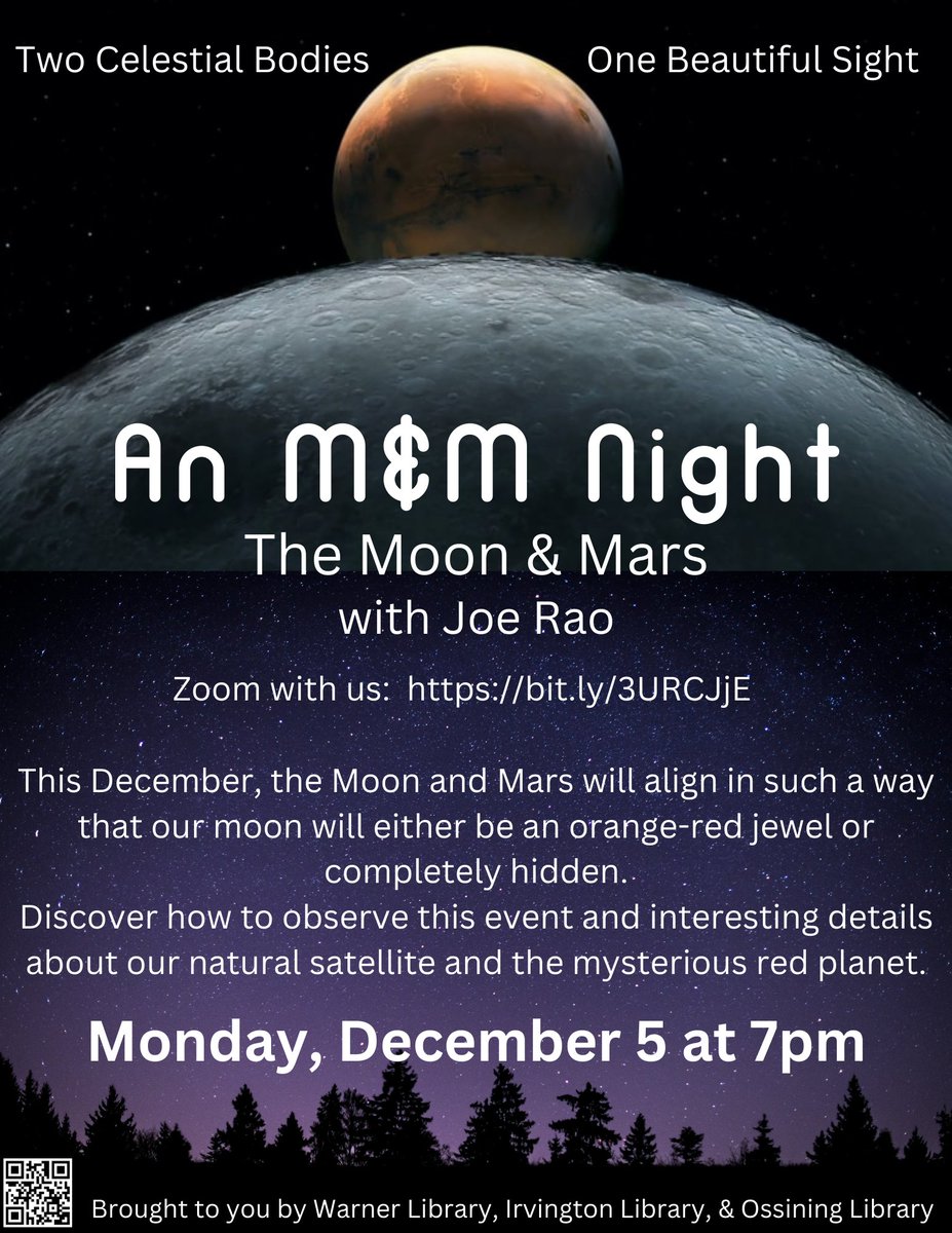 TheWarnerLib's tweet photo. An M&M Night: The Moon and Mars with Joe Rao 12/5 at 7pm. Zoom with us: https://t.co/MEbGWHt2mZ
Learn how to view this rare celestial event.
#moon #mars #lunar #redplanet #astronomy #free #joerao #warnerlibrary https://t.co/D21cK6y9YU