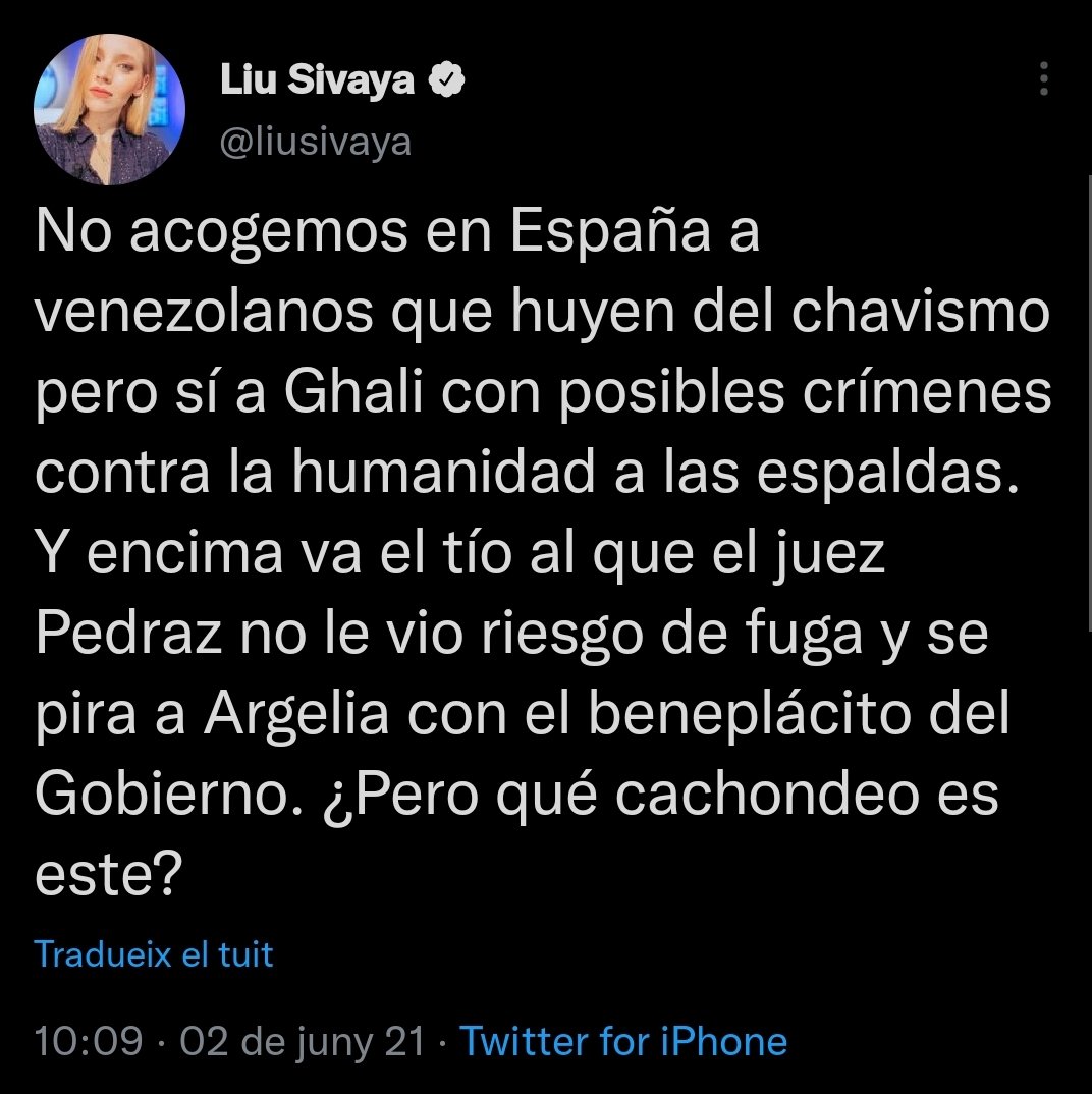 Qué preocupada te veo con el pueblo saharaui ahora, Liu, cuando hace nada criticabas que acogiéramos al líder del Frente Polisario que estaba enfermo y lo acusabas de posibles crímenes contra la humanidad. <a href="/FiSahara/">FiSahara</a> <a href="/Equipe_Media/">Equipe Media</a>