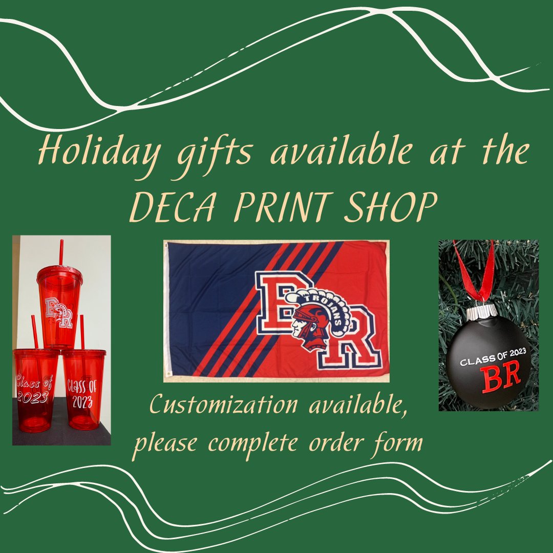 It's official, DECA Print Shop is open! Super proud of our entrepreneurial DECA members for making this happen! We make custom shirts, mugs, bumper stickers, and more. Custom ornaments are only $6. For more info or to place an order please email david.ferreira@bridge-rayn.org