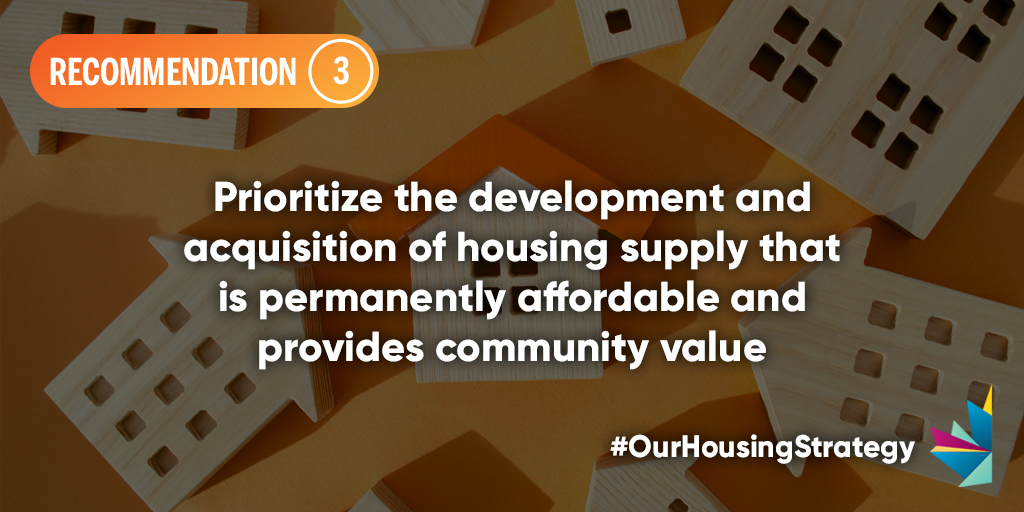 Recommendation 3: Prioritize the development and acquisition of housing supply that is permanently affordable, provides community value, and is suitable for people excluded from the housing system. More ➡️ bit.ly/3Xq2VUr #OurHousingStrategy