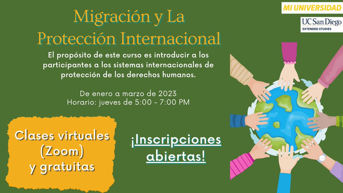 esmiuniversidad's tweet image. Curso de Migración y la protección Internacional. GRATUITO.
Inscríbase aquí:
tinyurl.com/miuniversidadp…
Para más información: esmiuniversidad@ucsd.edu
#cursosgratuitosonline #cursosenespañol #inscribasehoy #informaraciónparamigrantes #protecciónparamigrantes #derechoshumanos