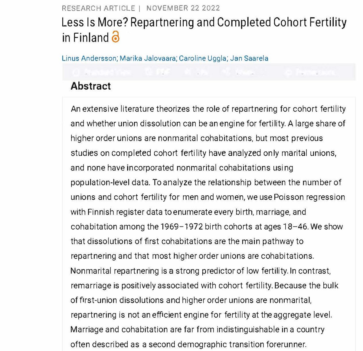 Demography Journal (@readdemography) on Twitter photo “Repartnering & Completed Cohort Fertility in Finland”: In this study using Finnish register data, <a href="/Linus_Andrsson/">Linus Andersson</a> <a href="/MarikaJalovaara/">Marika Jalovaara</a> <a href="/CarolineUggla/">Caroline Uggla</a> & Jan Saarela find that “union dissolution & repartnering will not be an engine for fertility.” <a href="/SOFI_su_se/">Swedish Institute for Social Research (SOFI)</a>
ow.ly/jJZb50LLeQt “Repartnering & Completed Cohort Fertility in Finland”: In this study using Finnish register data, <a href="/Linus_Andrsson/">Linus Andersson</a> <a href="/MarikaJalovaara/">Marika Jalovaara</a> <a href="/CarolineUggla/">Caroline Uggla</a> & Jan Saarela find that “union dissolution & repartnering will not be an engine for fertility.” <a href="/SOFI_su_se/">Swedish Institute for Social Research (SOFI)</a>
ow.ly/jJZb50LLeQt