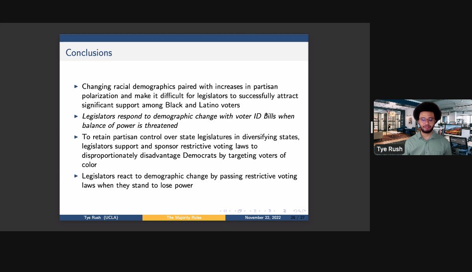 cmslaughter's tweet photo. As % of the Black population ⬆️, Republican legislator support for restrictive voter ID laws also ⬆️, yet it decreased for Democrats! Great presentation by @realtyerush from @UCLA_REP on his * job market paper*. Learn more about Tye's work @ https://t.co/DBE5vVGEeV #MPOSS https://t.co/XSgNvy3lmi