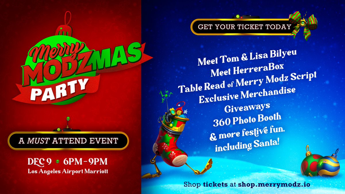 🎅The Merry Modzmas Party 🎅 is your chance to meet <a href="/TomBilyeu/">Tom Bilyeu</a> <a href="/lisabilyeu/">Lisa Bilyeu</a> <a href="/herrerabox/">Francisco Herrera</a>  

Guarantee your ticket &amp; ugly sweater today at shop.merrymodz.io and join the festivities on Dec 9!🎄

Complete this form for yourself &amp; each of your guests - forms.gle/XnjPP9aR7V1zGN…