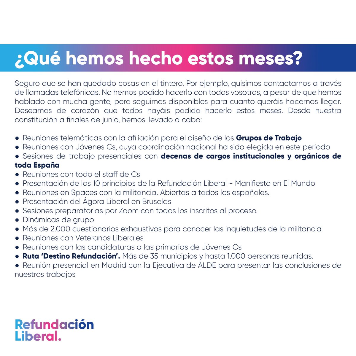 Refundacion_Lib's tweet image. Hoy concluyen cinco meses de trabajo intenso, emocionante y, sobre todo, en equipo.

Gracias a todos los que lo habéis hecho posible. Muy especialmente a la militancia.

Ha sido un orgullo haber caminado juntos en esta etapa en el camino hacia la renovación del espacio liberal.