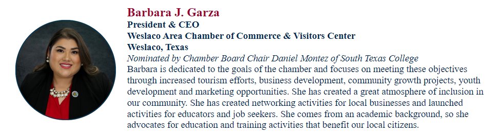WeslacoChamber's tweet photo. Congratulations to Barbara Jean Garza, President &amp; CEO of the Weslaco Chamber &amp; Visitors Center, for being recognized as one of the ACCE 40 Under 40 Emerging Leaders Shaping the Chamber Industry! 

Read more: https://t.co/gMwBoWlSpl

#Weslaco #WeslacoChamber #40Under40 #ACCE https://t.co/7C8llm5kLF