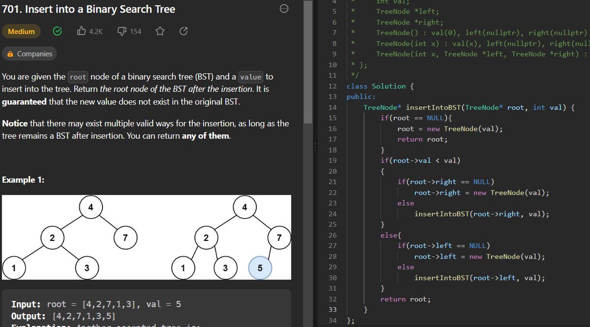 Kunjika_9's tweet photo. Day 41:
Problem: Insert into a BST
In this problem given a root node of BST and the value & that value we need to add in BST & also saying all the nodes in BST have unique value & the value we need to add is not present in tree.
#GirlsWhoCode #60daysofcoding #60daysofgrowth https://t.co/dKg1pASU7z