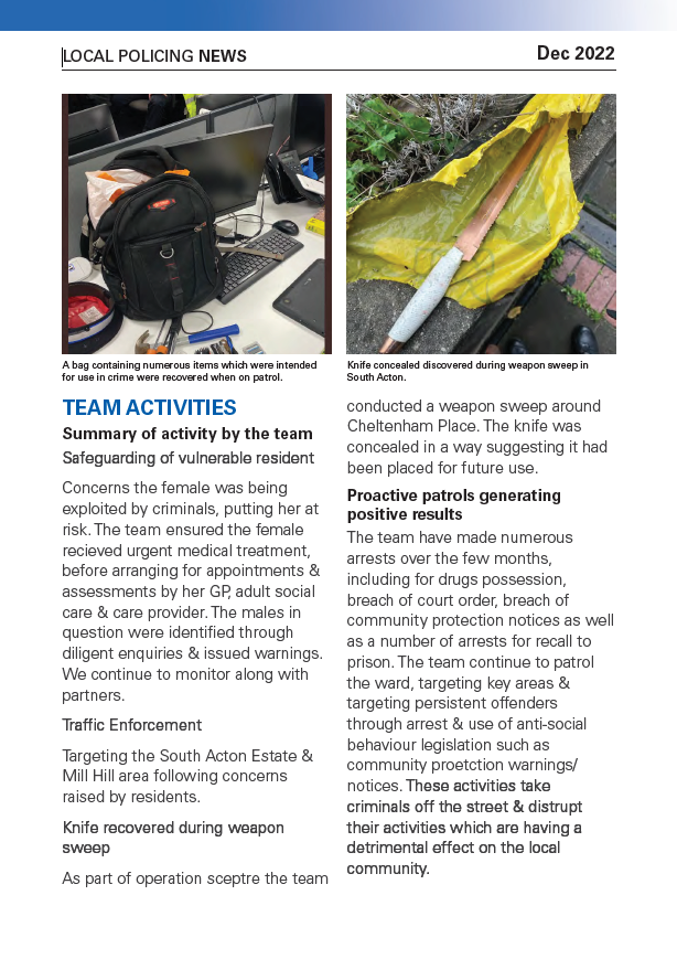 MPSSouthActon's tweet photo. The South Acton Safer Neighbourhood Team newsletter for December 2022 https://t.co/yCZvg5MbMc