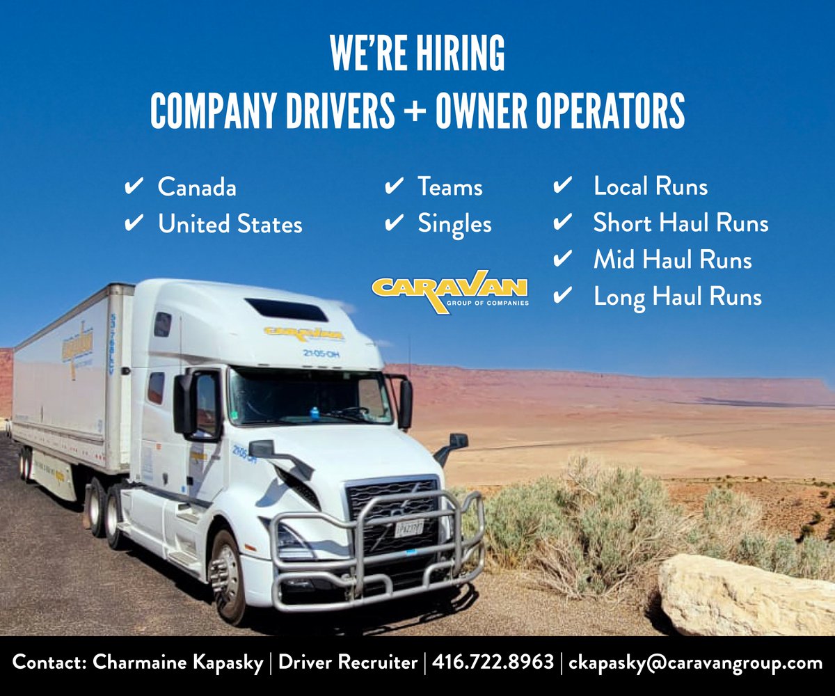 CaravanGroup's tweet photo. Apply now on our website under Careers! https://t.co/hARGy0eQL4 
Or text our driver recruiter Charmaine! 416-722-8963.

#wearehiring #drivers #owneroperators #companydrivers #applynow #career #applytoday https://t.co/ZgjH6NGsjC