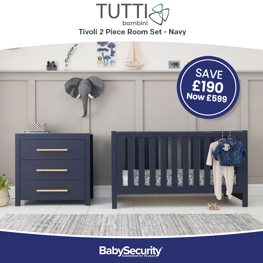 Shop this gorgeous Navy 2 Piece Room Set by Tutti Bambini. The Tivoli Room Set includes 3 drawer Chest Changer with a removable Changer Top and a matching Cot Bed, suiting your baby up to 4 years of age. 
Shop here while sale lasts! ⬇
babysecurity.co.uk/products/tutti…