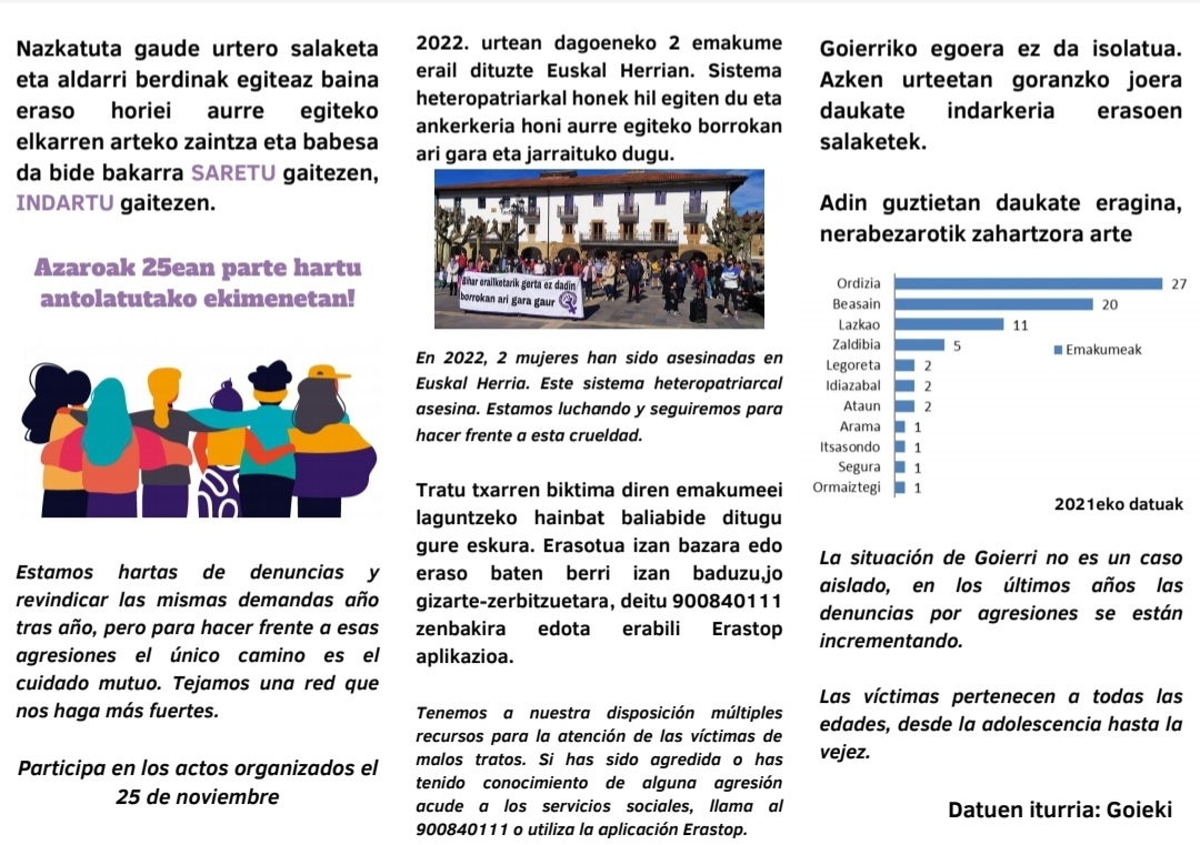 Azaroaren 25aren inguruan antolatzen dugun egitaraua eta irakurketa zabaltzeko, azken urteetan egin izan dugun moduan, aurten ere triptiko banaketa egin dugu. 
Zuen etxeetan eskuragarri izango duzue.
Azaroaren 25ean, zatoz #Lazkao|ko plazara!
