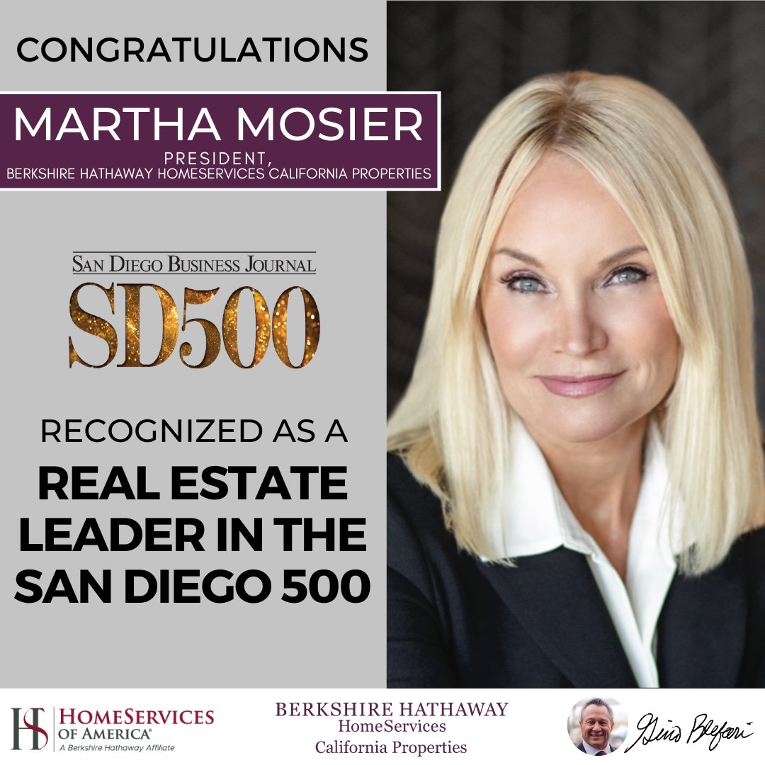 ginoblefari's tweet photo. Please join me in congratulating Martha Mosier, president of @BHHSCalifornia, for being recognized in the San Diego 500, an exclusive list of the city’s most influential leaders, for the second year in a row. https://t.co/N0648eanxR