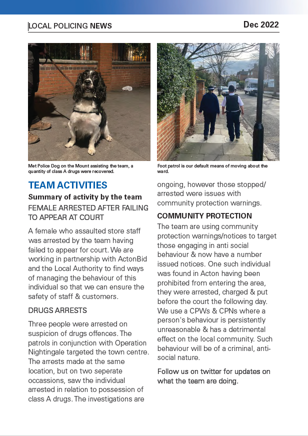 MPSNorthActon's tweet photo. The Acton Central Safer Neighbourhood Team newsletter for December 2022 https://t.co/9K7vcYOfH0
