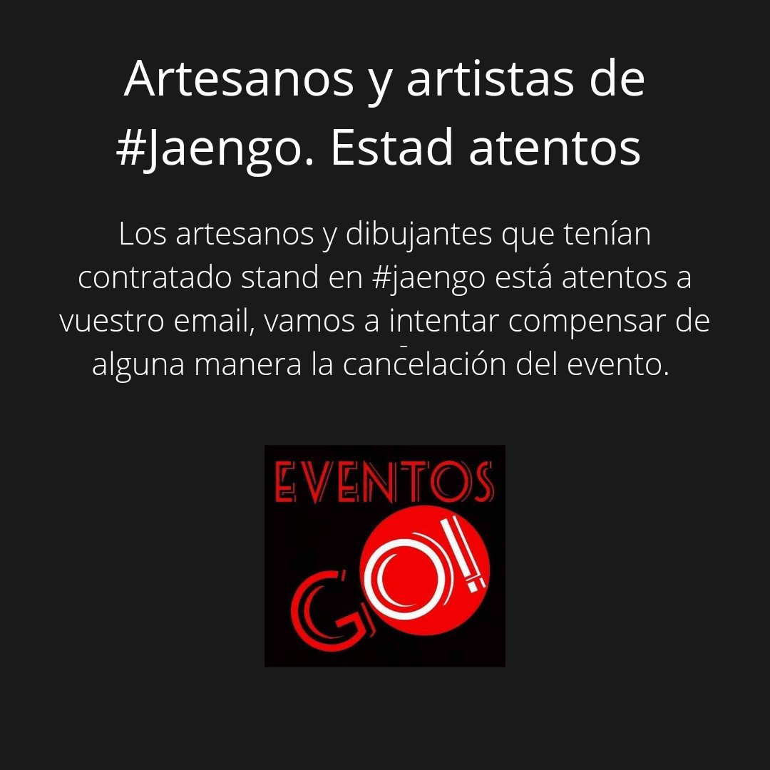 Sabemos que los más vulnerables y dañados por la cancelación de #JaenGo son los artesanos y dibujantes que iban a estar este finde semana. Queremos por ello intentar de alguna manera compensarlo. Estad atentos a vuestros emails, en breve tendréis noticias.