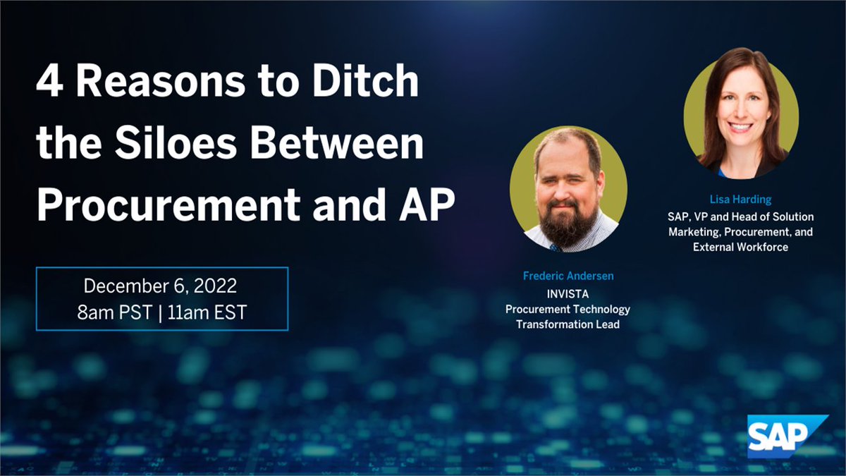 amraftery's tweet photo. Are your procurement and AP teams operating separately or in sync? Learn about 4 reasons to ditch the siloes between #procurement and AP in this upcoming LinkedIn Live on Tuesday, December 6: https://t.co/yrbfrrCnyQ @SAP https://t.co/7CpJj9bW3a