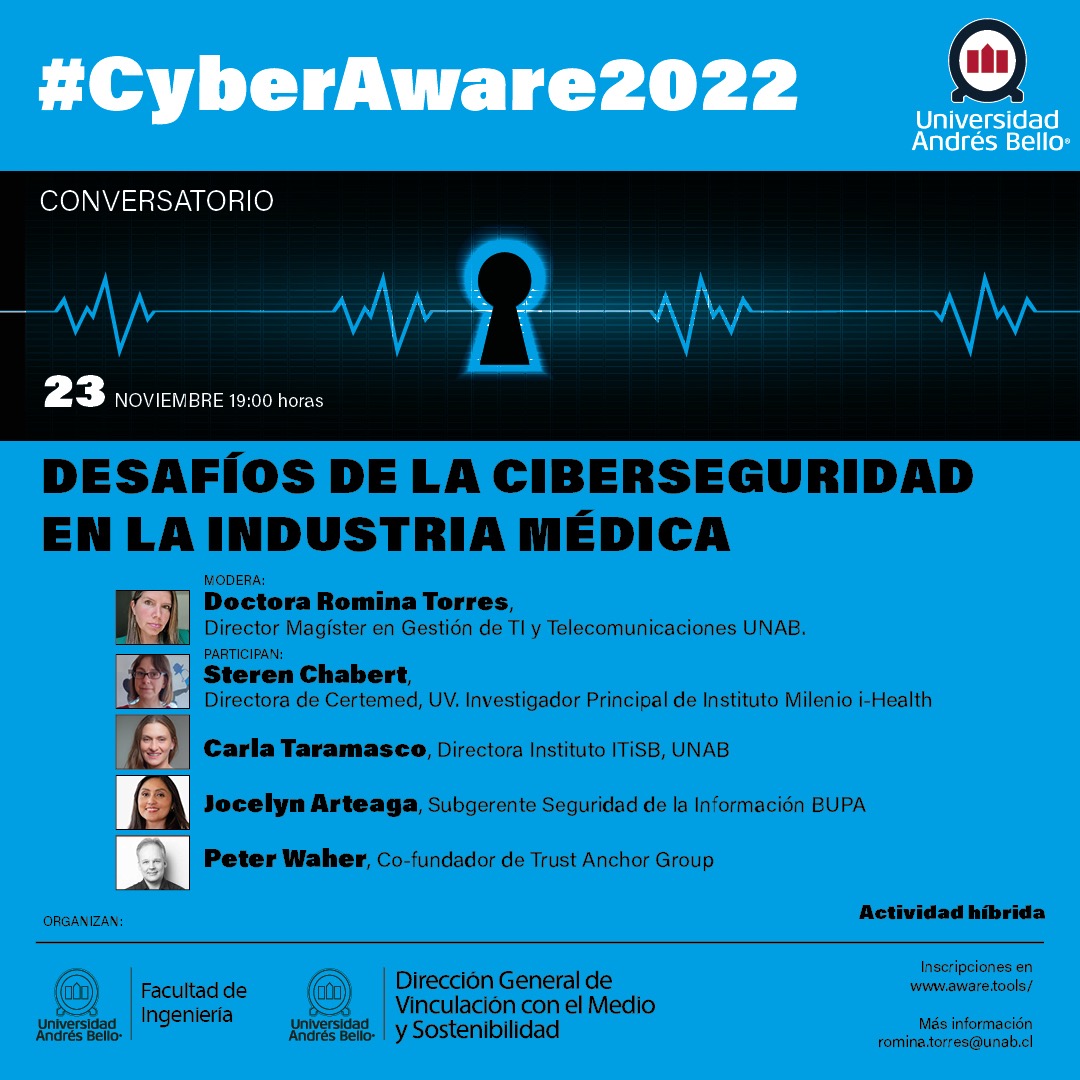 Te invitamos a las jornadas #ciberaware2022 Estará nuestra directora Carla Taramasco <a href="/uandresbello/">U. Andrés Bello</a>  analizaremos cómo abordar todo esto para el desarrollo y despliegue de soluciones médicas en Chile de manera responsable. Inscríbete aware.tools #ciberseguridad