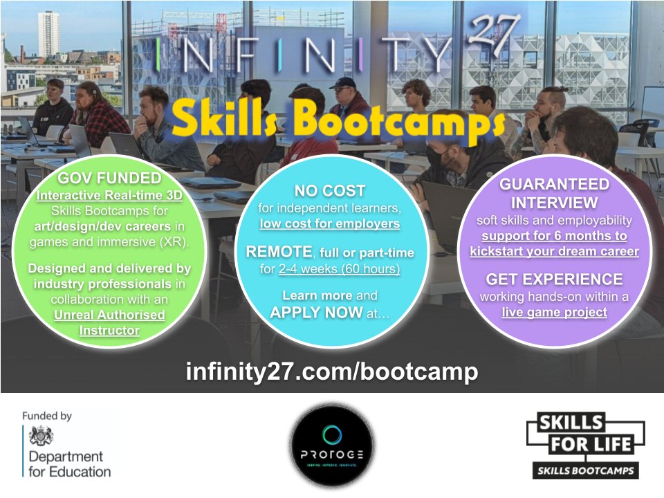 No cost + guaranteed interview! Our <a href="/GovUK/">GOV.UK</a> funded #Skills #Bootcamps in #Interactive #RealTime #3D for #3Dartists and #gamedev are available now. Coming 2023: #Designer, #Producer and #Leadership. APPLY NOW👉infinity27.com/bootcamp