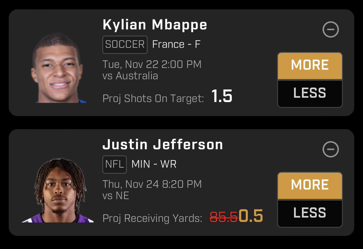 SportsByDustin's tweet image. 🚨SBD CREW!

Pairing half of my JJ Free Square with this! 🫡

Kylian Mbappe - OVER 1.5 Sot📈
Justin Jefferson - OVER 0.5 Rec Yds📈

A little mid day sweat with Mbappe 🔥

Can’t wait for 🌮 to drop!

#GamblingTwitter #PrizePicks #DFS 
#WorldCup #FIFAWorldCup #NFL #Qatar2022 #NBA