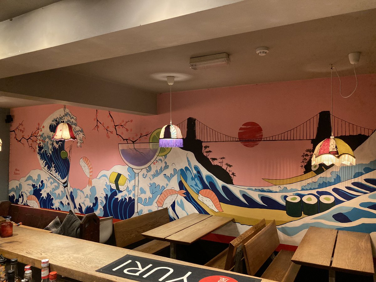 ninaraines's tweet photo. New mural painted for Yuri sushi and cocktail bar! Open now on Gloucester Road Bristol x https://t.co/BNXyJqqXyZ