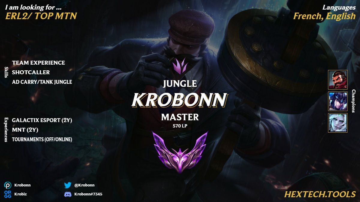 Hello!

I am LFT for the upcoming season. Mainly interested in ERL2 or Top MNT

- Highly motivated
- Already have team experience
- Willing to improve as much as needed

Contact me on Twitter or Discord 

RTs and Likes are very much appreciated🤗