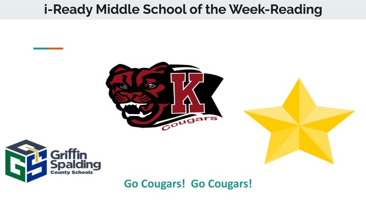 JoseyDashia's tweet photo. Let’s go Cougars!! Help me congratulate @KennedyRoadMS for earning the title of i-Ready Reading Middle School of the week! So proud of you all!! @CynthiaSJewell @GriffinSpalding @CurriculumAssoc @GSCSMTSS @DrAudreyGreer @williamcrespoac #ClosingGaps #MTSSInterventions https://t.co/9JtBNiEU3T