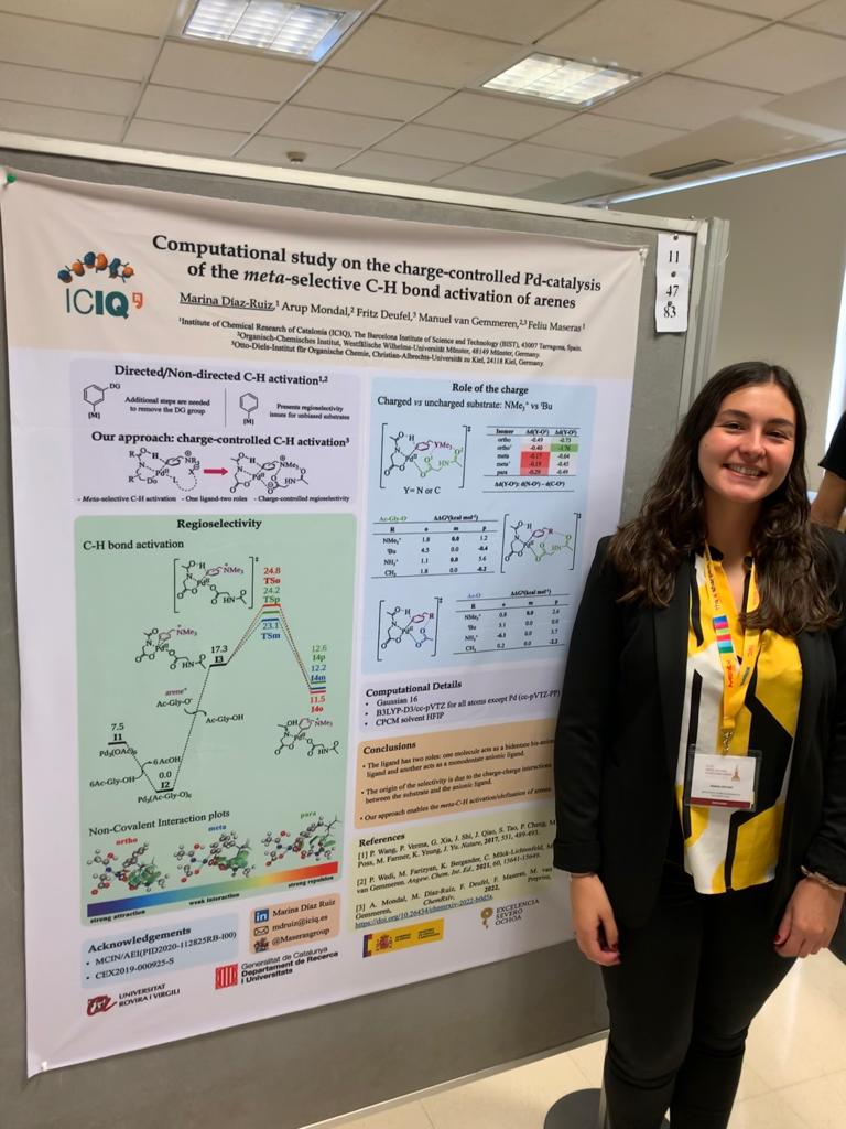 MaserasGroup's tweet photo. Marina presents her poster about charge-controlled Pd-catalysis of the meta-selective C-H bond activation of arenes 👩‍💻 
Let her know your questions today at 🕟 16.30h in @sjiq2022_svq! @JovenesQuimicos @RSEQUIMICA @ICIQchem #mazinchemz #compchem https://t.co/MFZBDDHm8W