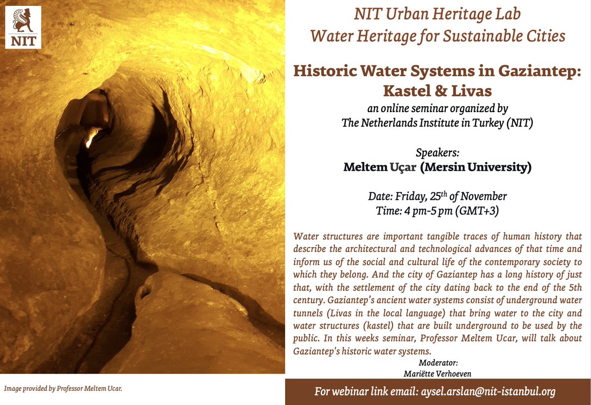 NIT invites you to UHL: Water Heritage for Sustainable Cities Webinar🌊🇹🇷
Meltem Uçar (Mersin University) will talk about Historic Water Systems in Gaziantep. 

Date: 25 Nov. 2022, Friday.
Time: 4pm (GMT+3)
Link: us02web.zoom.us/webinar/regist…

#culture #heritage #webinar